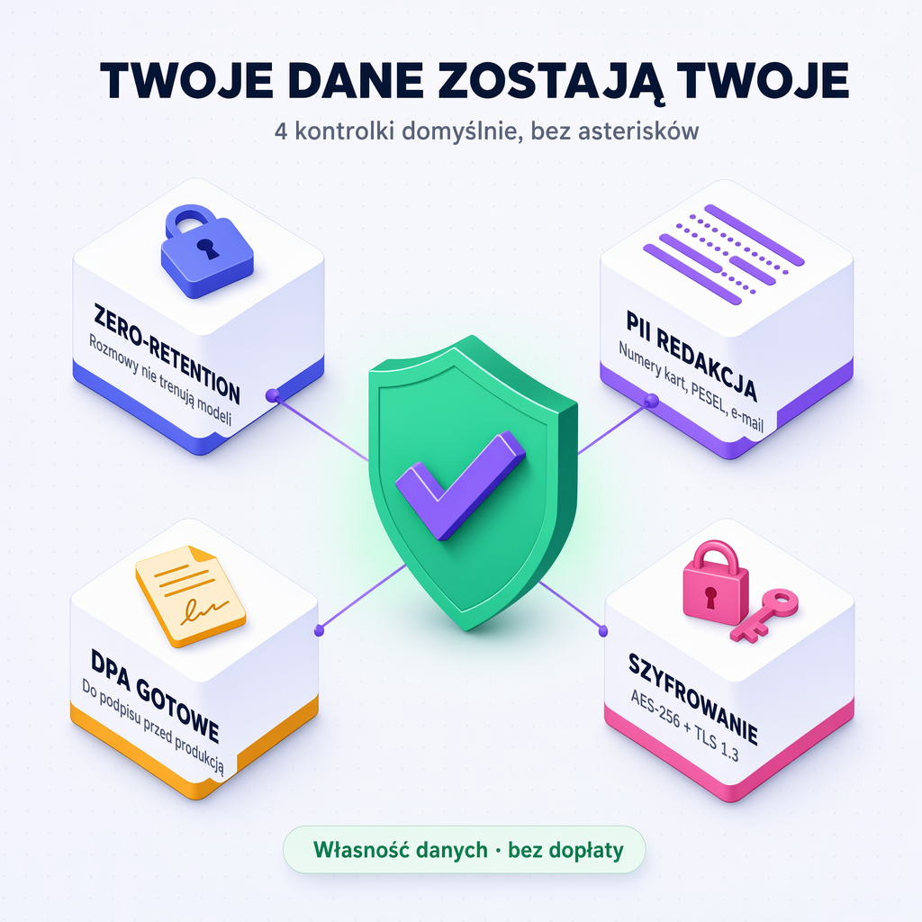 Grafika: tarcza ze znakiem potwierdzenia, kłódka i przepływ zaszyfrowanych danych.
