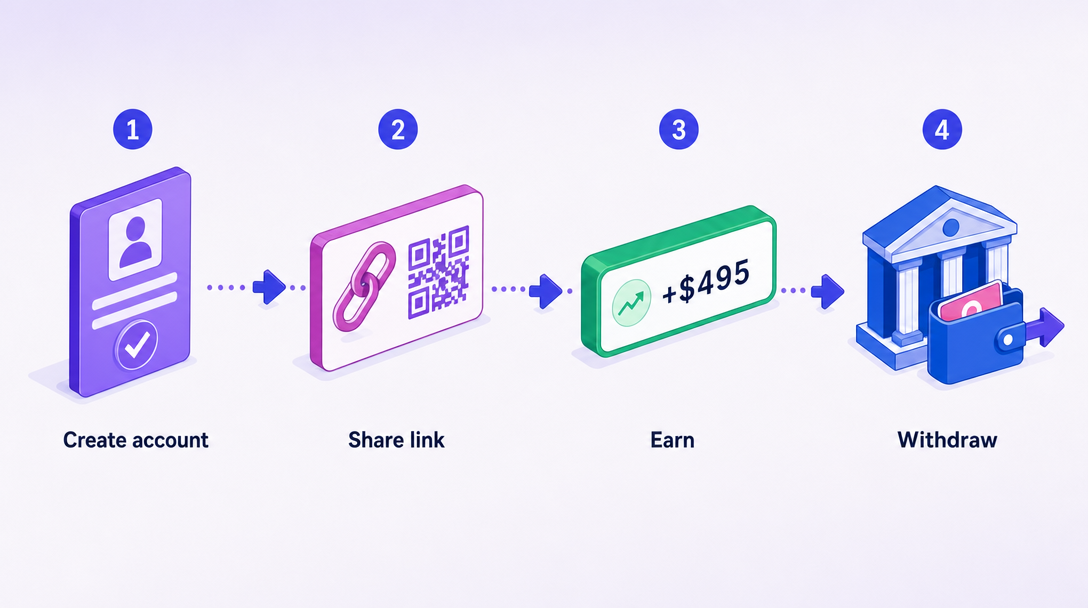 3-step affiliate journey — from sharing the link through the customer's purchase to the commission payout via Stripe Connect