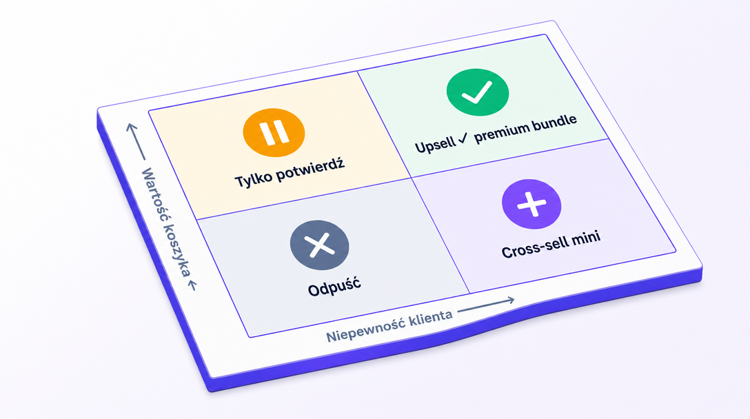 2x2 decision matrix with four quadrants: customer confidence × cart value, each with AI action recommendation