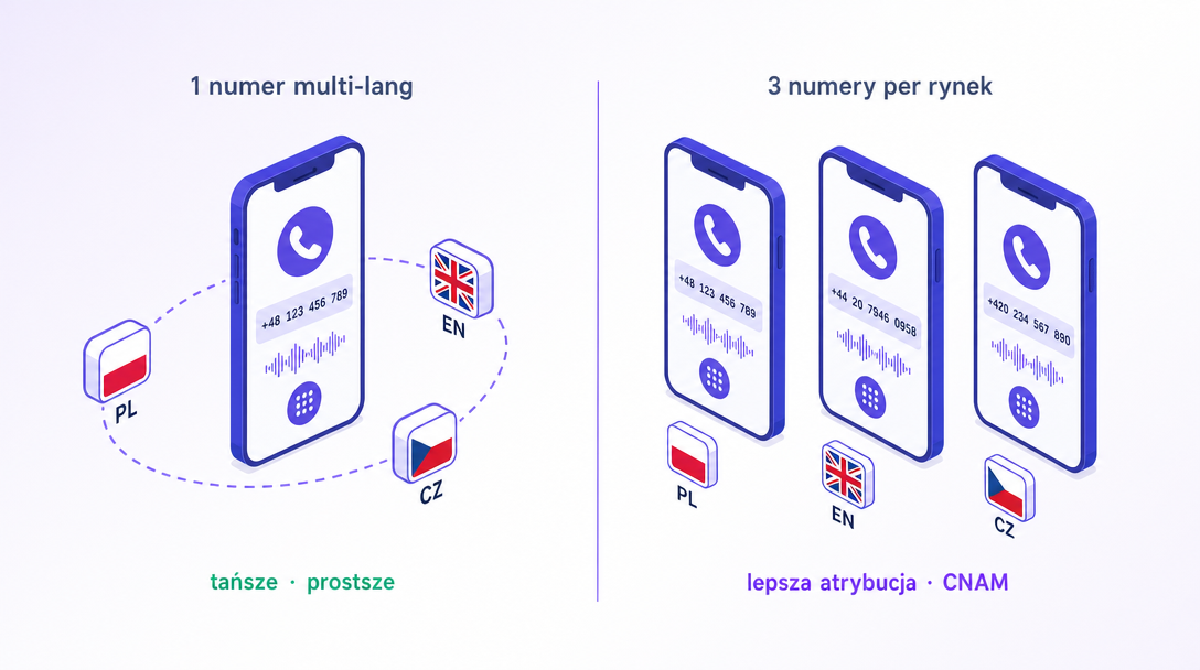 Split-screen comparison: '1 multi-lang number' (one phone with 3 flag chips) vs '3 numbers per market' (three phones, each one flag)