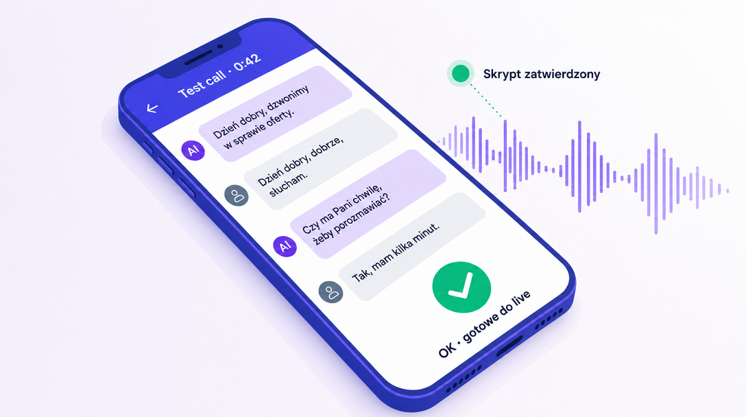 Test call screen: smartphone with 'Test call · 0:42' header, short transcript dialog, emerald checkmark 'OK · ready for live'