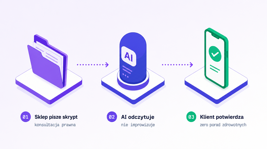 3-stage compliance flow: store writes script (with legal review) → AI reads (no improvisation) → customer confirms (zero health advice)
