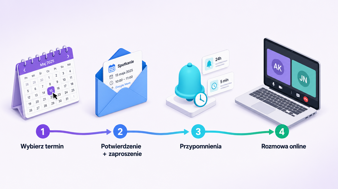 4 booking steps: calendar → confirmation + invite → reminders → online meeting