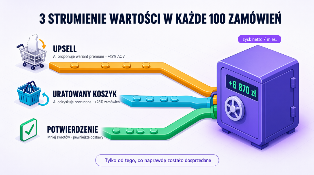 Trzy źródła wartości w każdych 100 zamówieniach: dodatkowa sprzedaż (+12% wartości zamówienia), uratowany koszyk (+28% zamówień) i potwierdzenie — razem dają zysk na czysto.