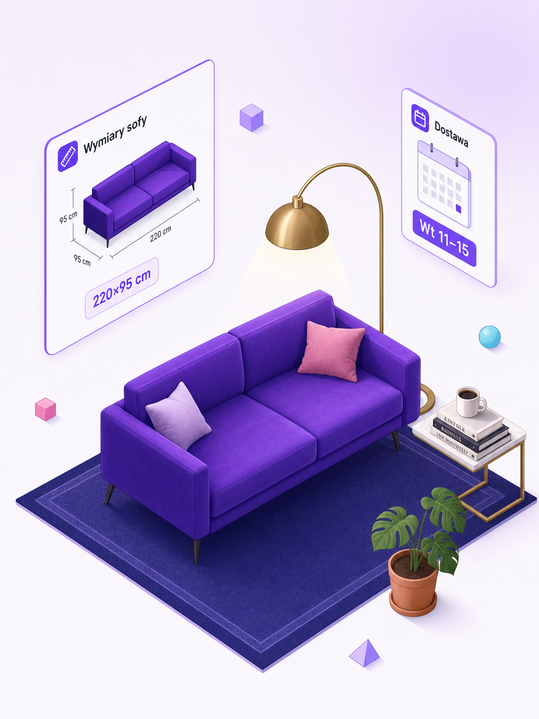 Living room: velvet sofa with pillows, arched lamp, and cards showing dimensions and the delivery window