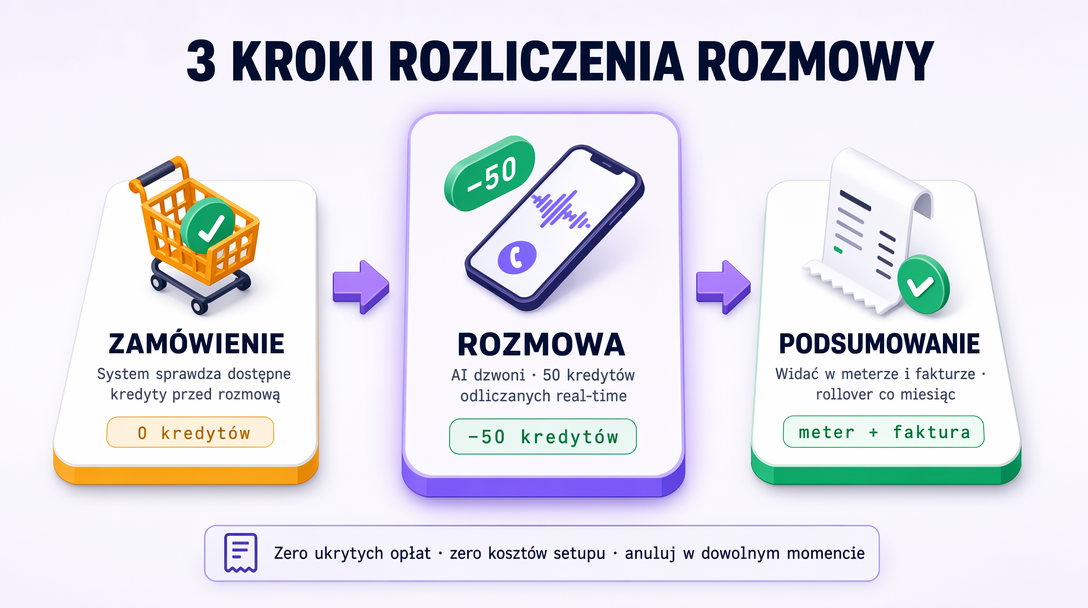 3 kroki rozliczenia: zamówienie (sprawdzamy kredyty) → rozmowa (liczymy co do sekundy) → rozliczenie (w panelu i w PDF)