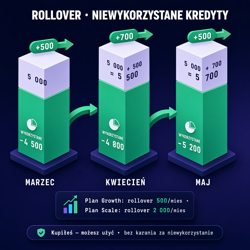 Przeniesienie niewykorzystanych kredytów: marzec 5 000+500 → kwiecień 5 500−4 800 → maj 5 700−5 200 · Growth 500/mies. · Scale 2 000/mies.