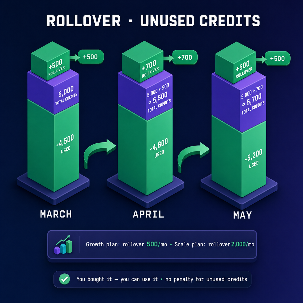 Unused credits carried over: March 5,000+500 → April 5,500−4,800 → May 5,700−5,200 · Growth 500/mo · Scale 2,000/mo