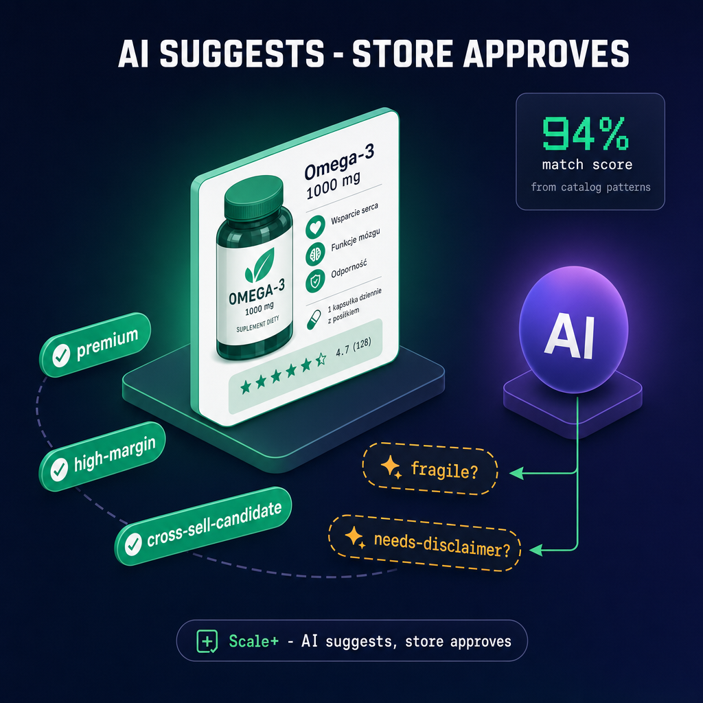 Catalog suggestions: the assistant proposes tags and notes with a 94% match, the store approves them in the dashboard