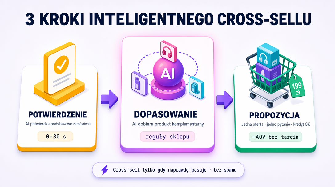 3 kroki: Potwierdzenie → AI dobiera pasujący produkt → Jedno pytanie