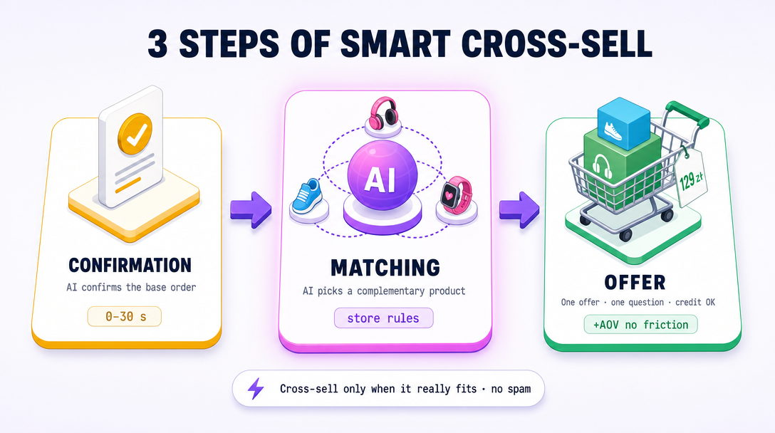 3 steps: Confirm → AI picks a fitting product → One-question offer