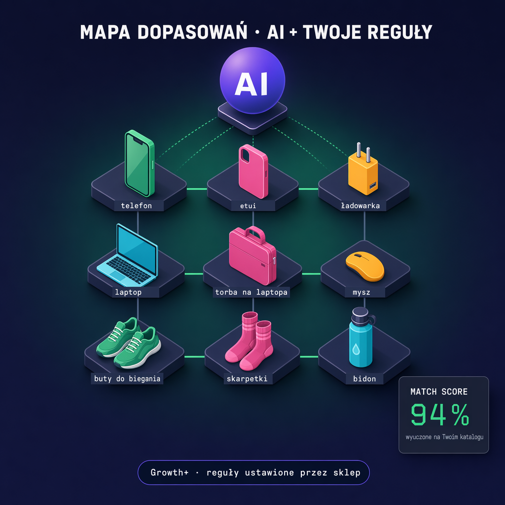 Lista dopasowań: AI + Twoje reguły · siatka produktów z trafnością 94%