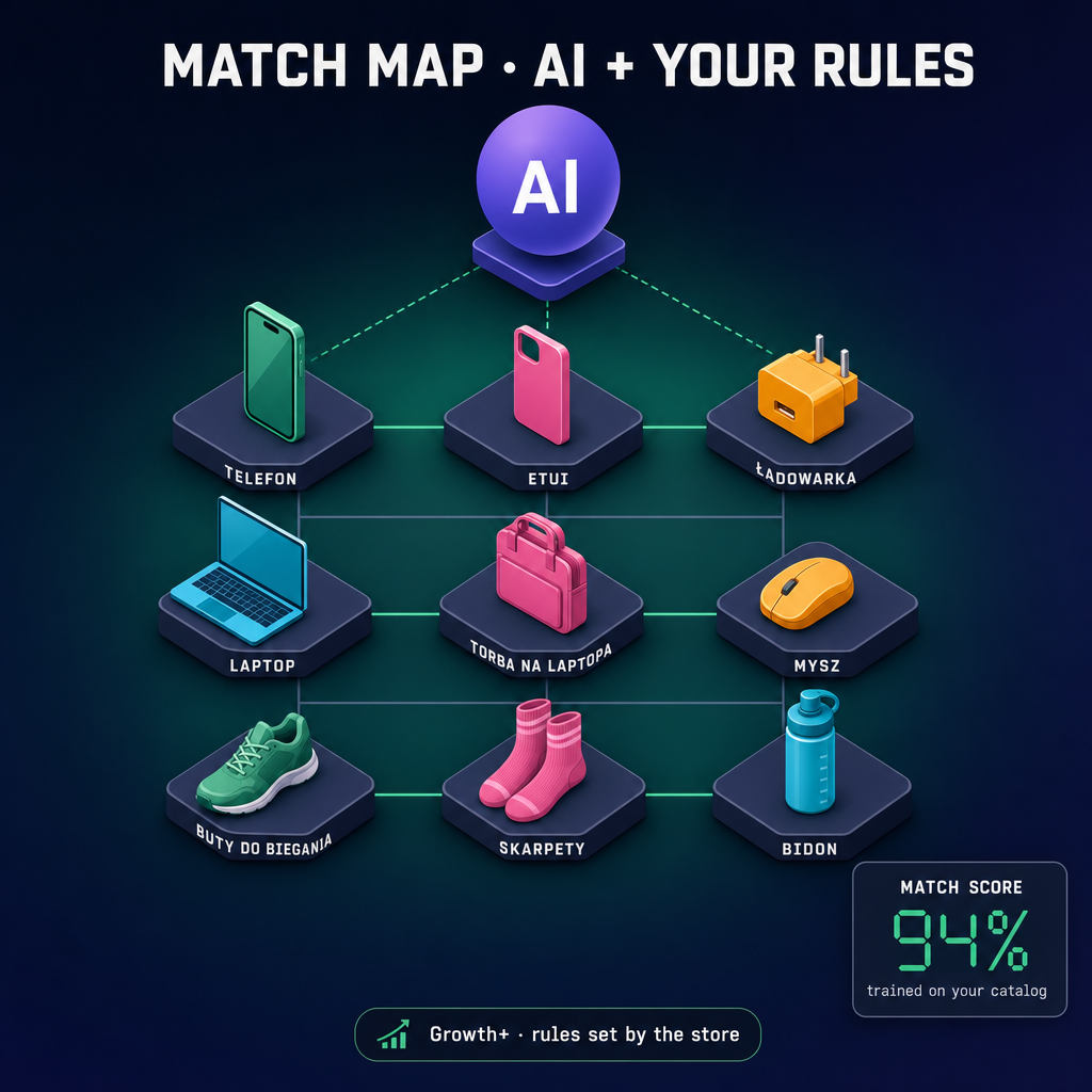 Match list: AI + your rules · product grid with 94% match score