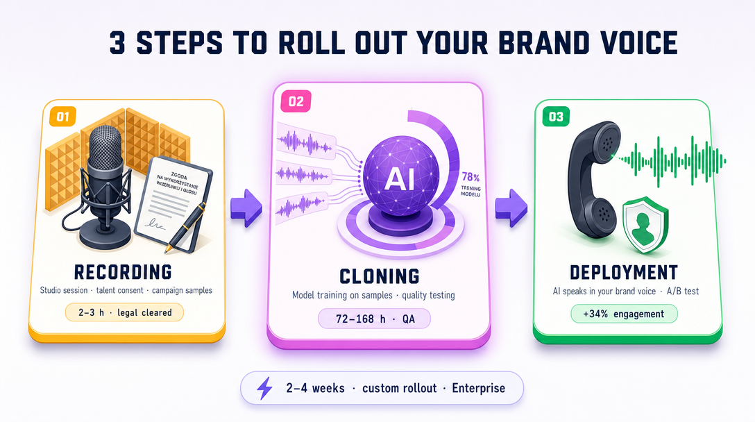 3 steps of a brand voice rollout: recording → preparing the voice → launch with a half-and-half test