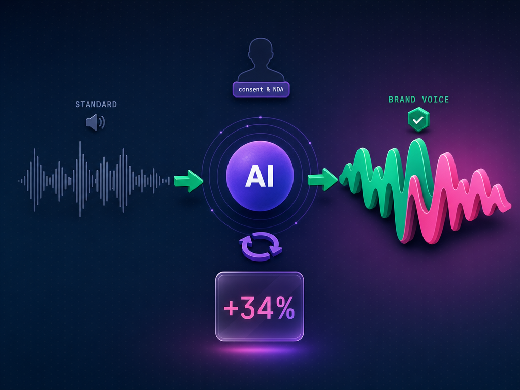 Brand voice step by step: the talent → preparing the voice → calls that sound like your brand · +34% engagement