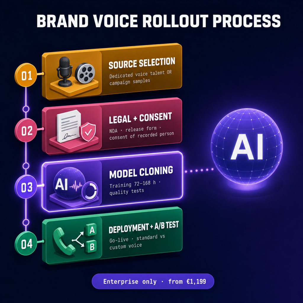 Enterprise brand voice rollout: 4 steps · paperwork → studio → preparing the voice → test and launch