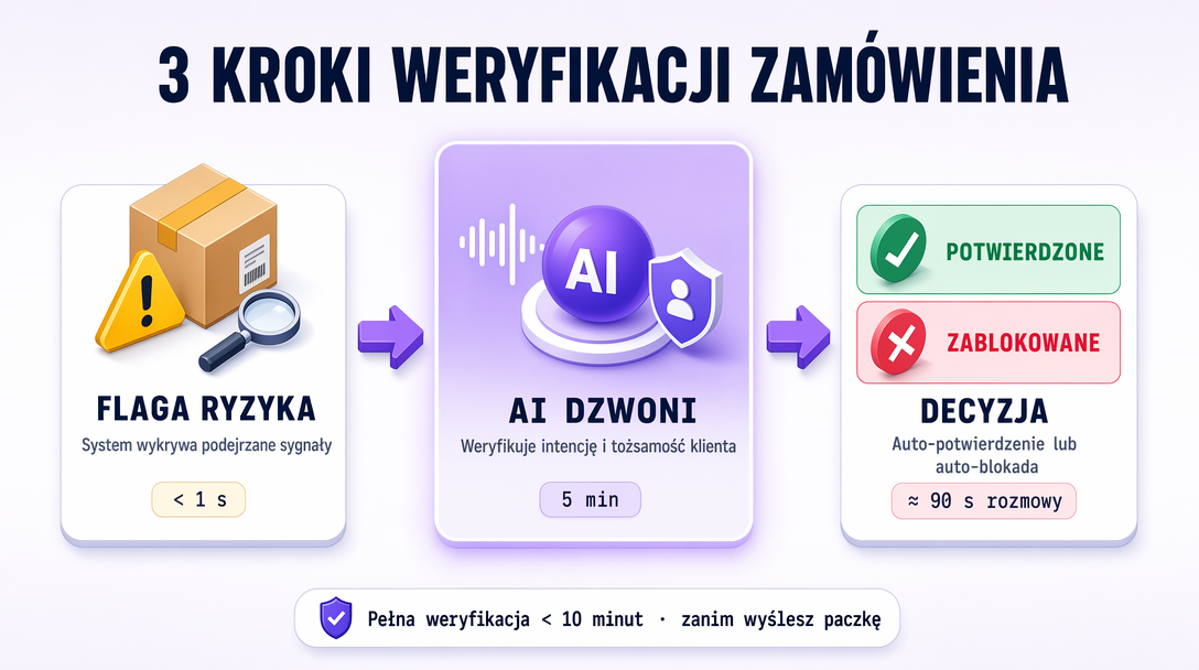 3 kroki: sygnał ryzyka → asystent dzwoni → decyzja (potwierdzone albo zablokowane)