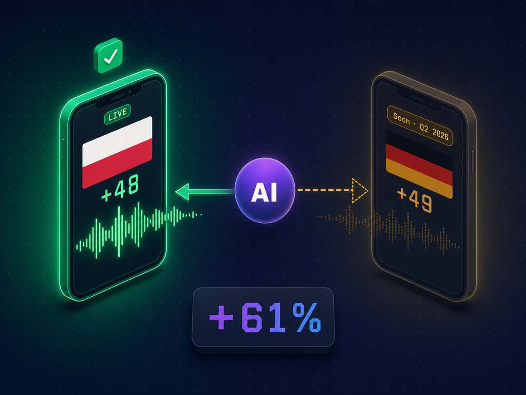 Two phones: a call in the home language active, a call in German marked "Soon Q2 2026", next to the +61% result
