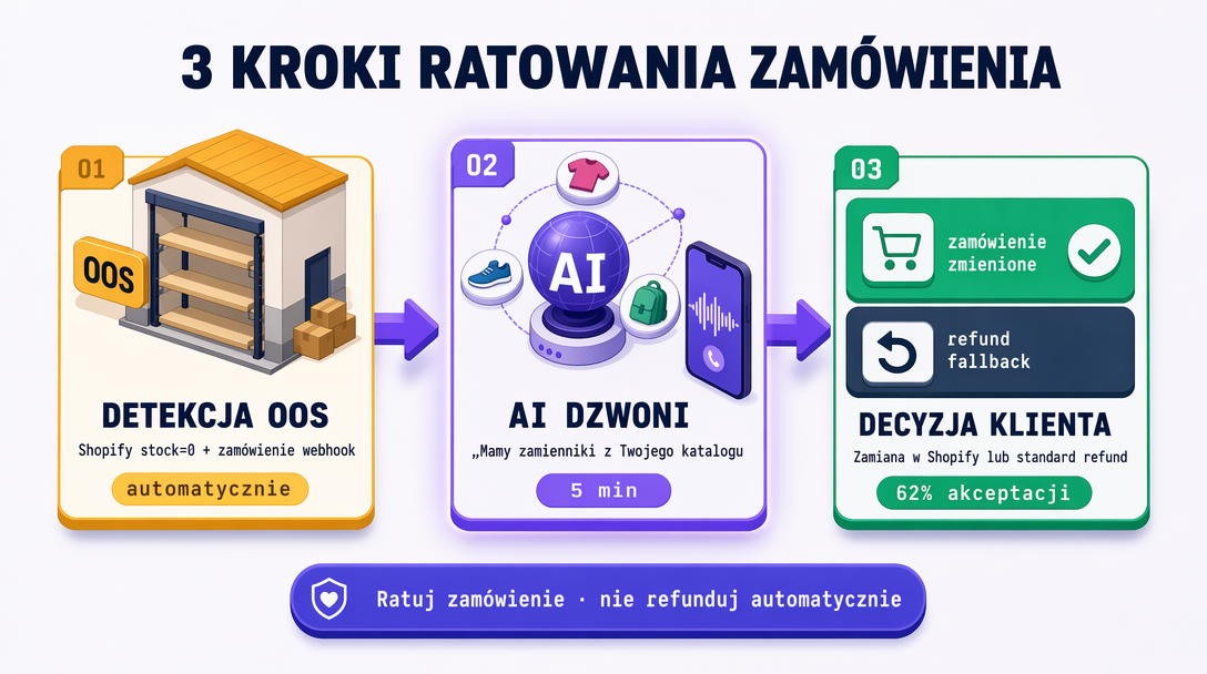 3 kroki: brak towaru (pusta półka) → asystent dzwoni z 3 propozycjami → decyzja (zamiana albo zwrot)