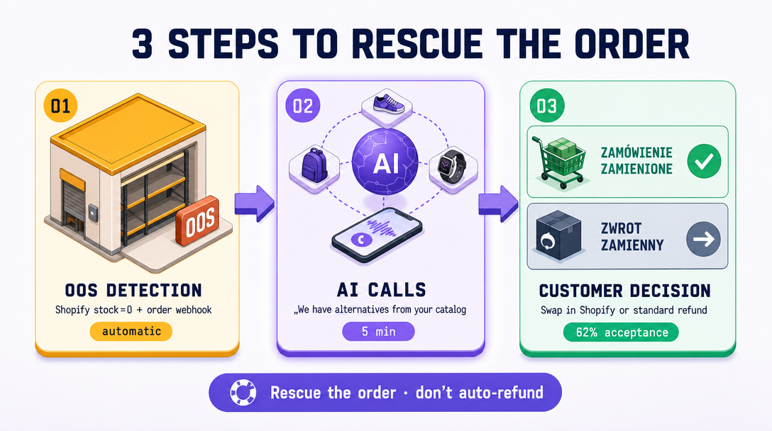 3 steps: out of stock (empty shelf) → the assistant calls with 3 options → decision (swap or refund)