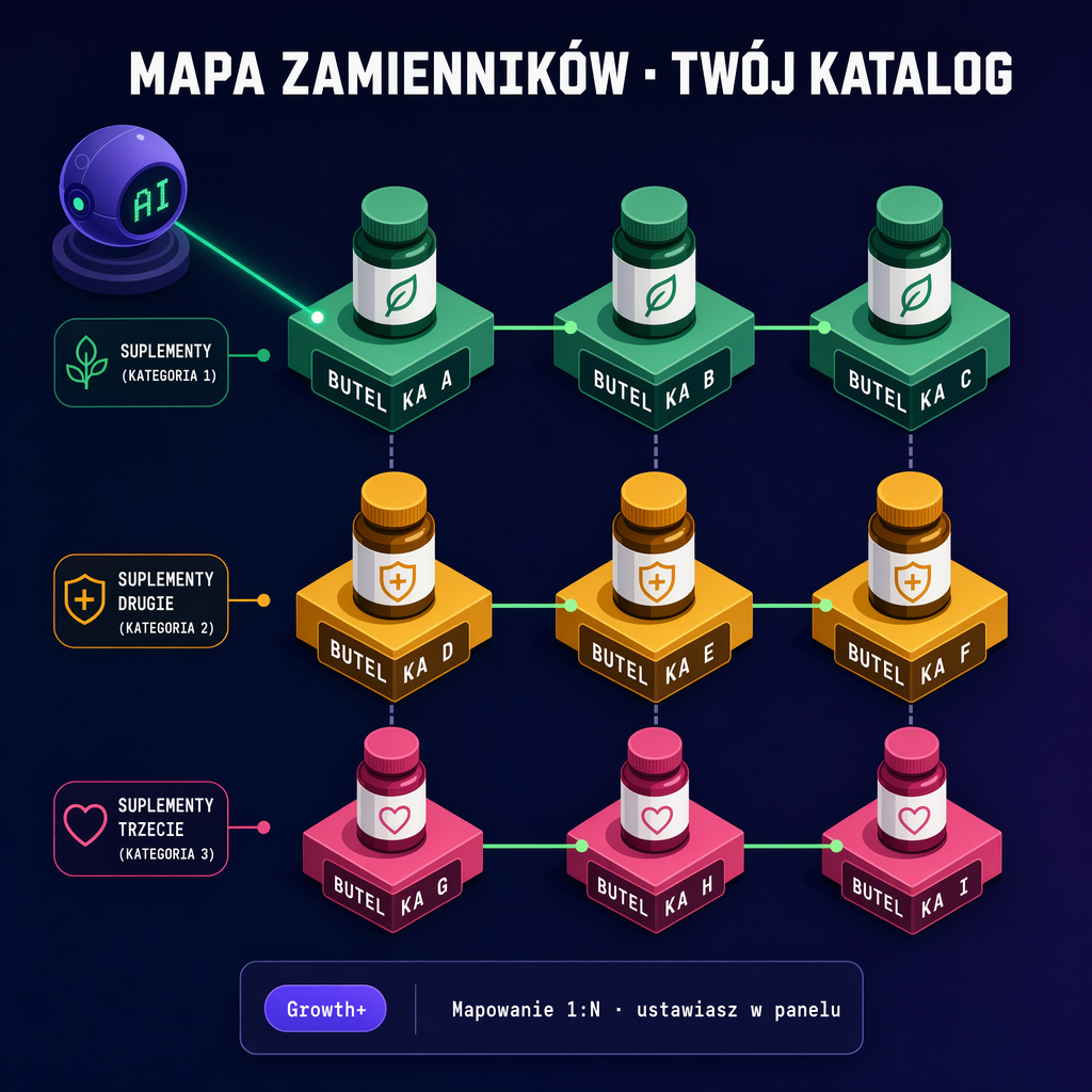 Mapa 3×3: asystent w środku, 3 rzędy zamienników (witamina D, magnez, probiotyk) · trafność 94%