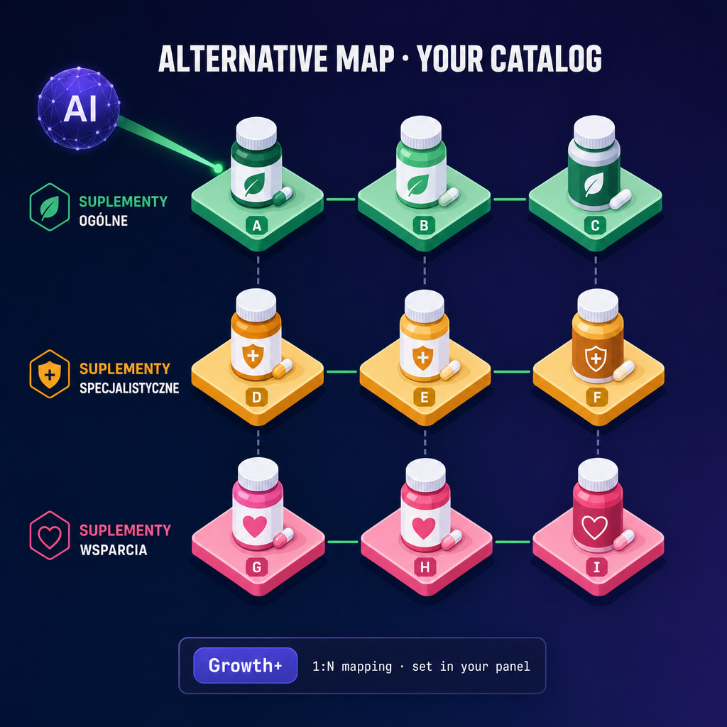 A 3×3 map: the assistant in the middle, 3 rows of replacements (vitamin D, magnesium, probiotic) · match 94%