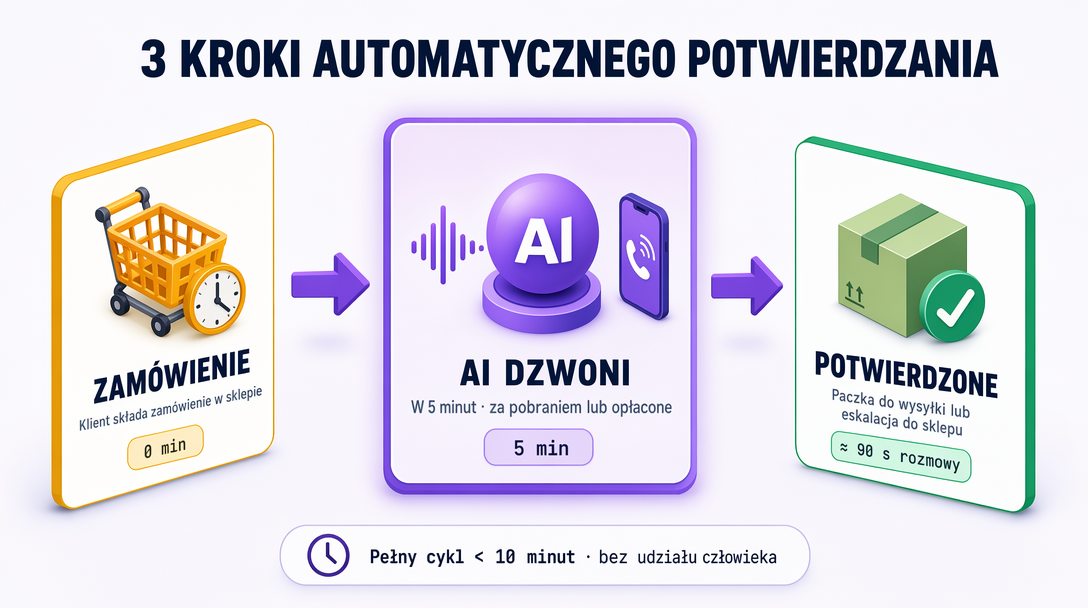 3 kroki: Zamówienie → asystent dzwoni od razu → Potwierdzone albo do Twojego zespołu