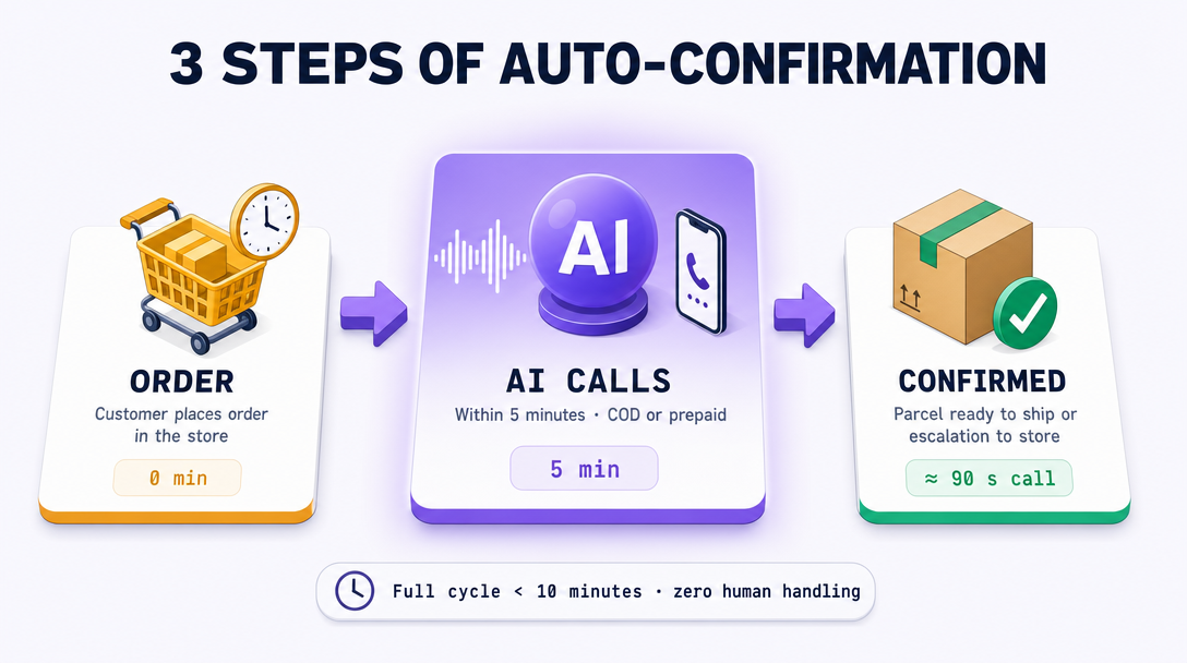 3 steps: Order → the assistant calls right away → Confirmed or handed to your team