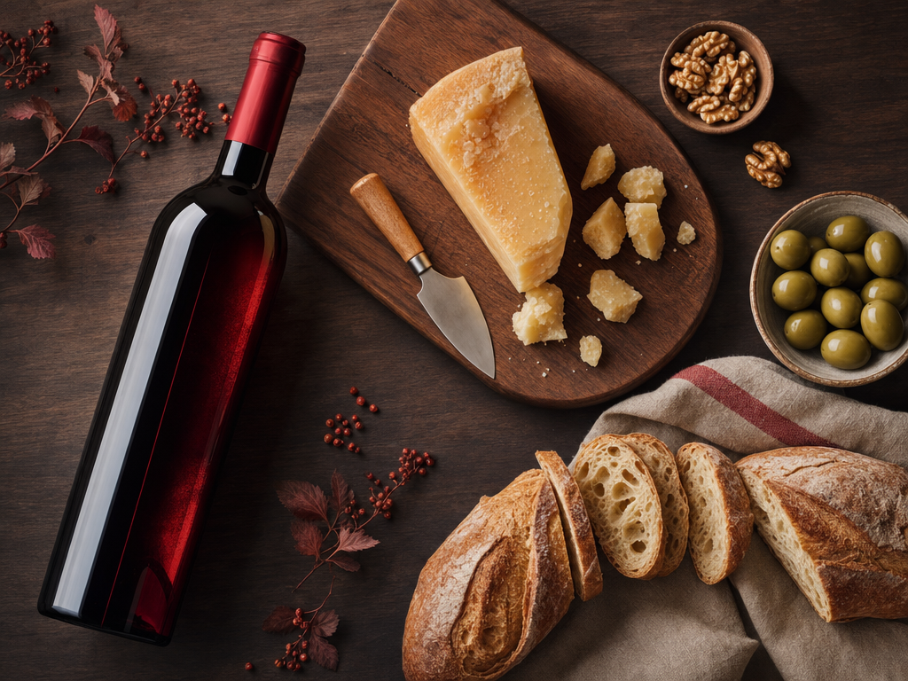 Wine, cheese and side dishes on a table