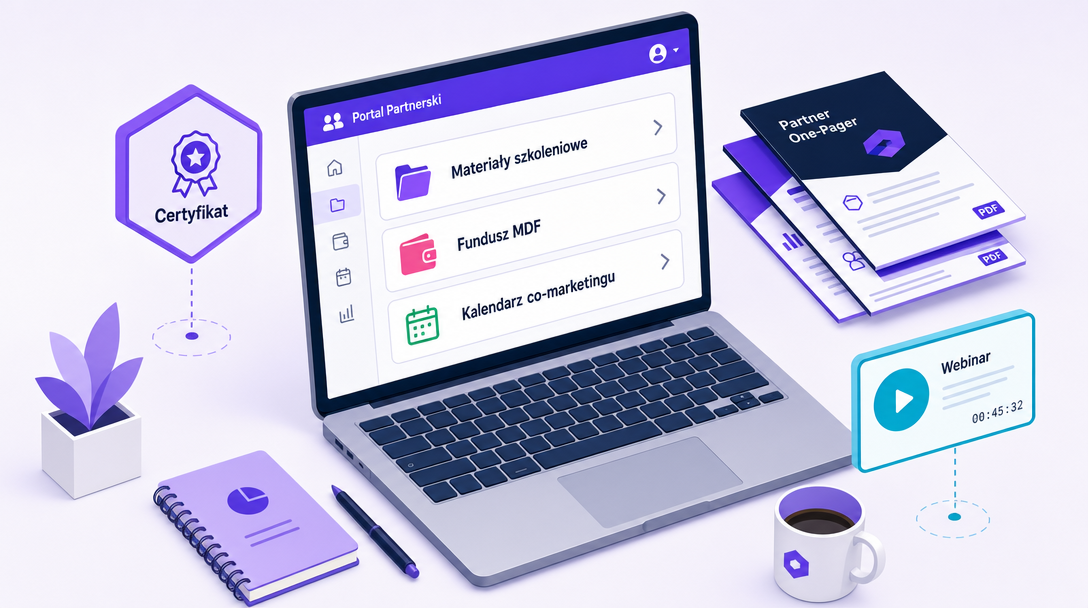 Partner materials — laptop showing the partner portal: training, marketing budget and a joint campaign calendar